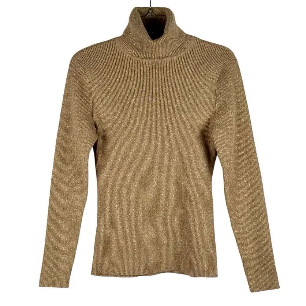 Liz Claiborne Gold Shiny Women's Pullover Sweater Long Sleeve Turtleneck Medium
